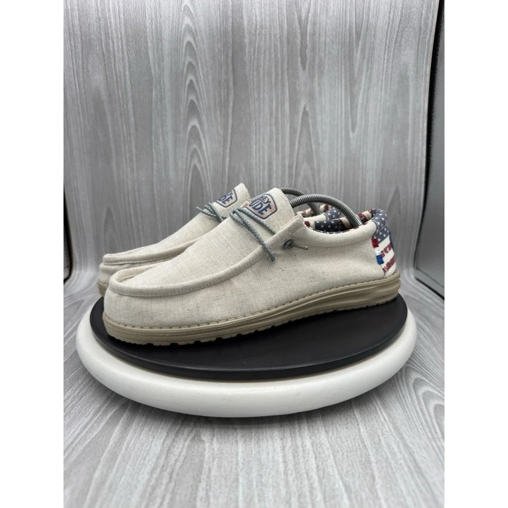 Hey Dude Wally Patriotic Mens Size 11 Off White Flag Casual Slip On Canvas Shoes